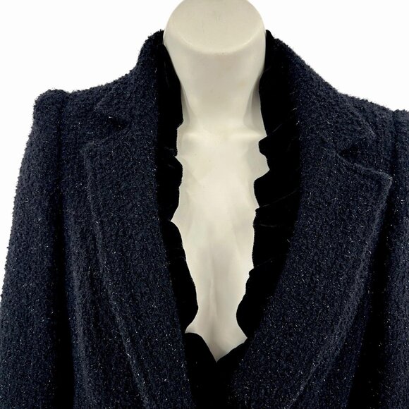 INC INTERNATIONAL CONCEPTS BLACK BOUCLE COAT W/ VELVET RUFFLE & METALLIC THREAD - Picture 2 of 5